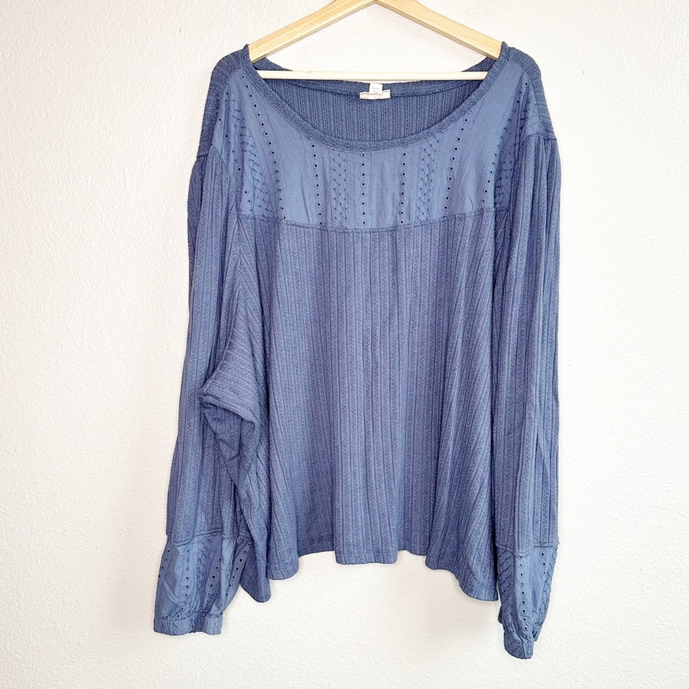 a.n.a Blue Long Sleeve Eyelet Lace Detail Blouse Women’s Plus Size 5X